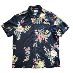 Tommy‎ Bahama Large Island Modern Fit Black Floral Hawaiian Shirt Silk Cotton